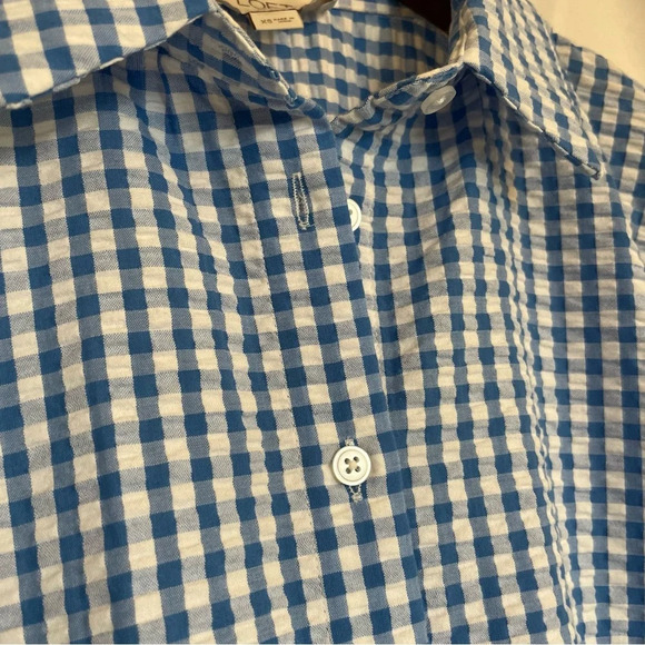 LOFT Women’s Button Down Gingham Blue White Short Sleeve Top Size XS - Picture 7 of 12